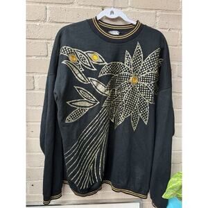 Vintage 80s 2XL 20W Black Sweater Glitter Gold Christmas Holiday Poinsettia Plus